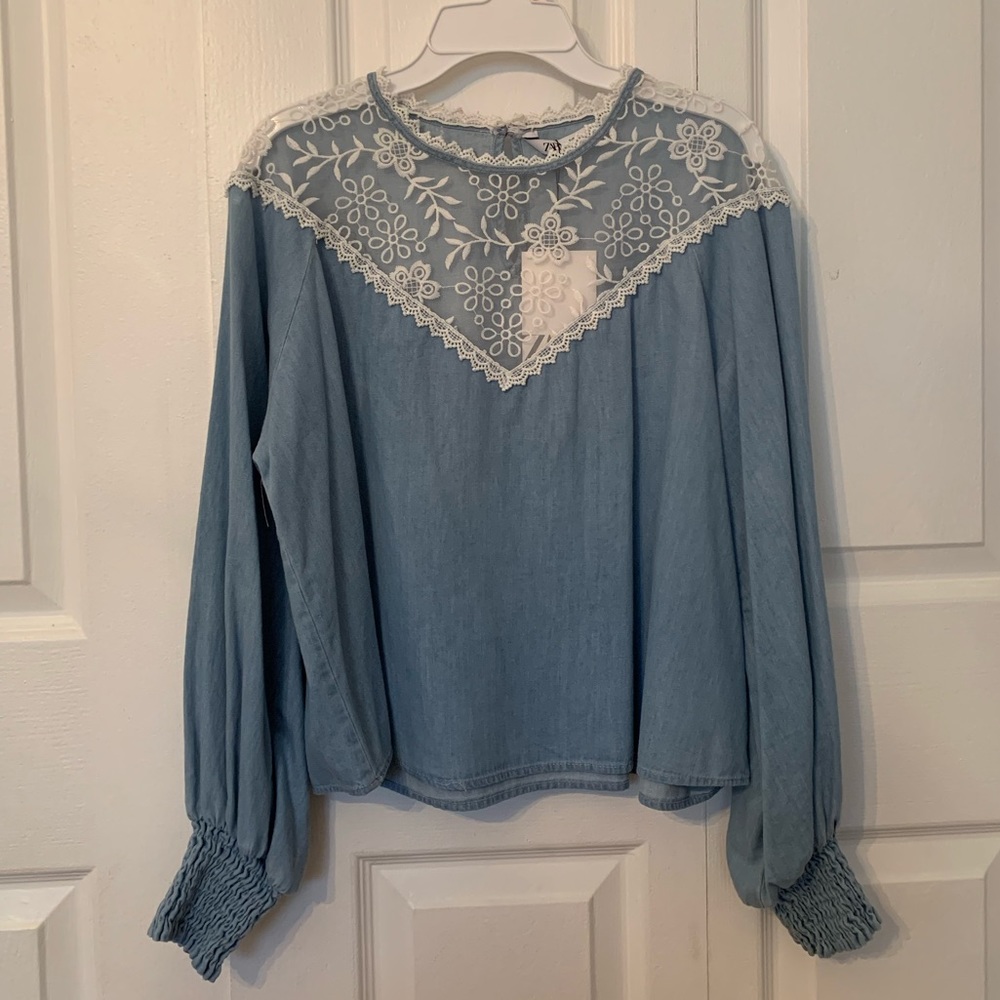 Zara Chambray & Lace Neckline Long-sleeve Blouse